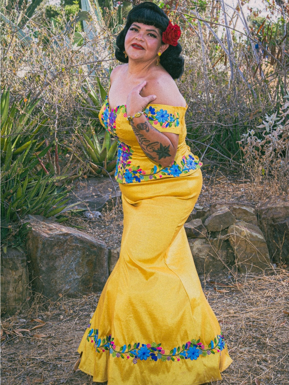 Yellow Off-Shoulder Floral Embroidered Maxi Dress